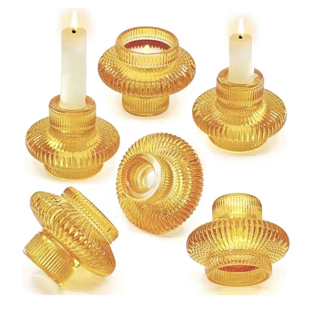 Set 6 Amber Glass Ribbed Candle Holders Taper‎ & Tealight 3.5"  Wedding Party